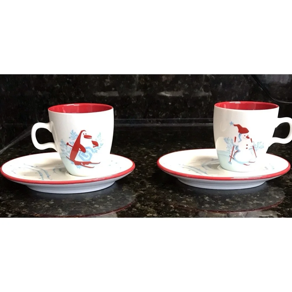 Set of 2 Starbucks 2007 Christmas Coffee Cup & Saucer Holiday‎ Snowman & Penguin